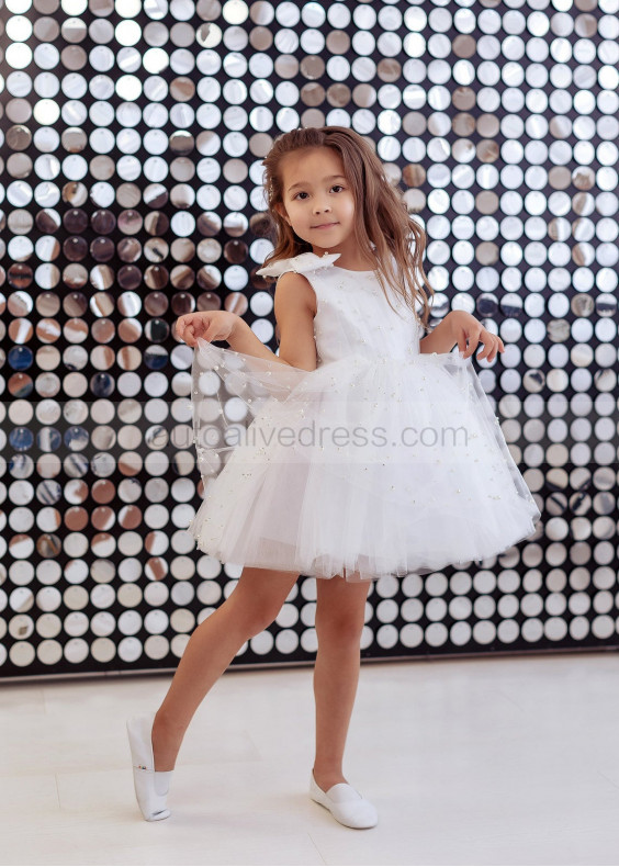 White Satin Tulle Pearl Beading Rustic Flower Girl Dress